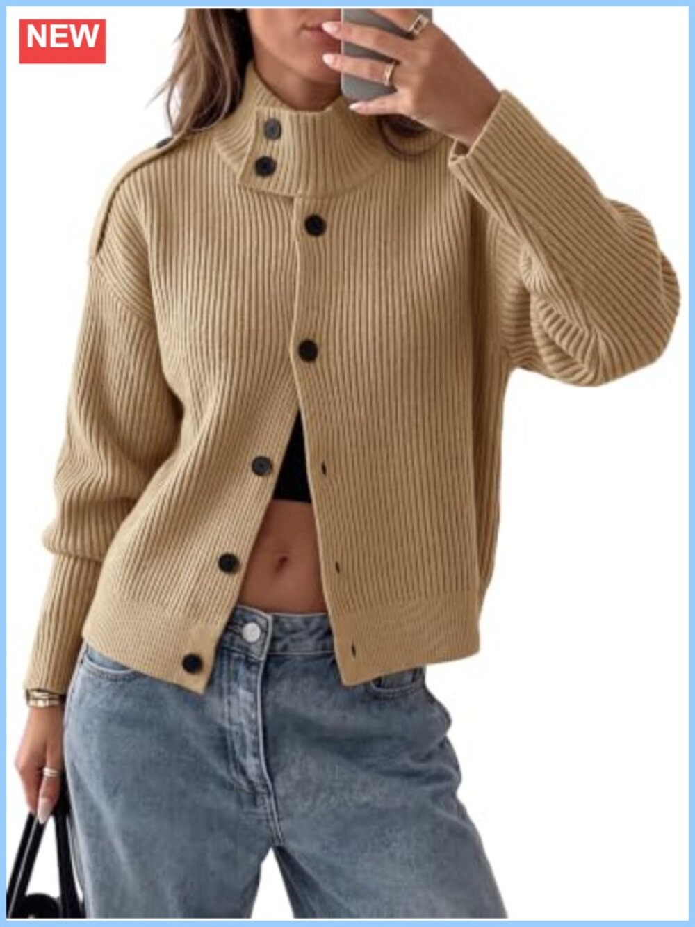 Saodimallsu Women's Chunky Knit Cardigan Sweater Button Down Mock Neck
